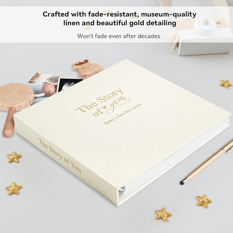 1DOT2 Timeless First 5 Years Keepsake Baby Memory Book for Boy or Girl, Luxury Linen Cover Acid Free Pages, Neutral Baby Journal Milestone Book or Scrapbook, Record the Story of You from Birth to Age 5 - Image 2